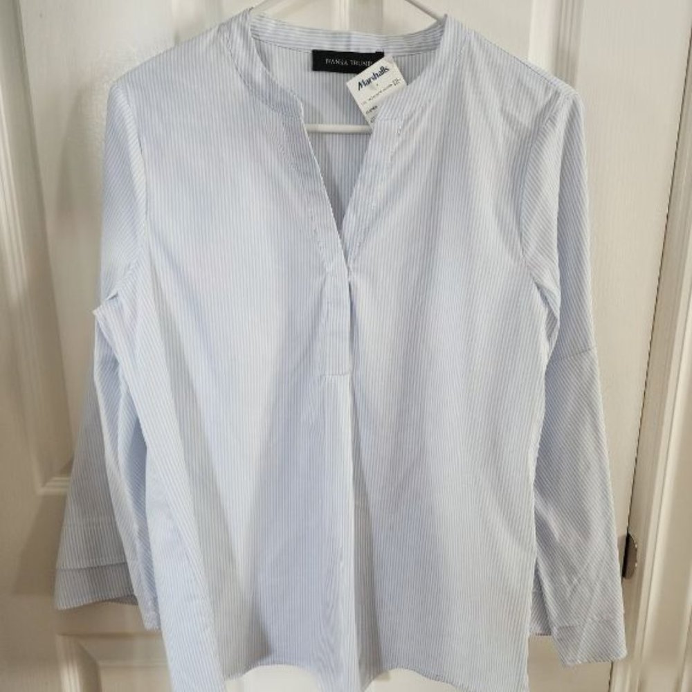 IVANKA TRUMP BELL SLEEVE BLUE AND WHITE STRIP BLOUSE. MD. NEW WITH TAGS